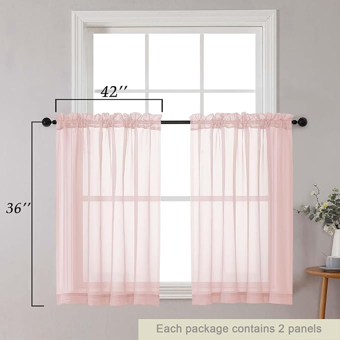 Cafe Curtains 36 Inch Length Tier 2 Pieces, Modern Soft Airy Sheer Kitchen - Image 2