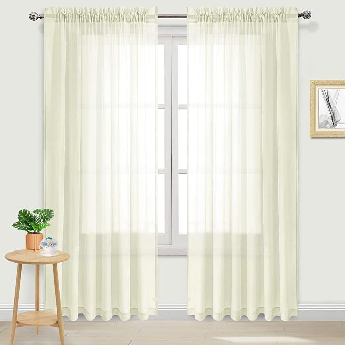 DWCN Ivory Sheer Curtains Semi Transparent Voile Rod Pocket Curtains - Image 2