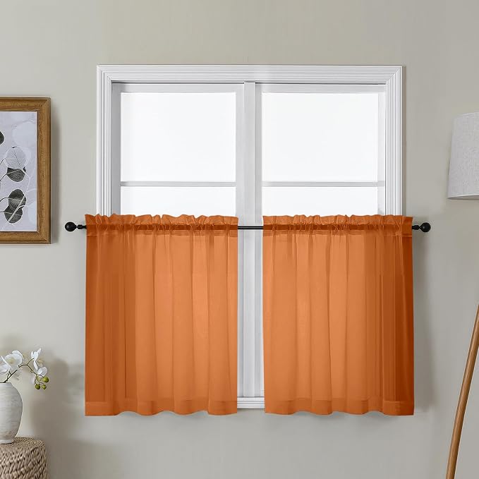 Gwine Burnt Orange Sheer Curtain Tiers 24 Inch Length, Light Filtering Voile by Gwine