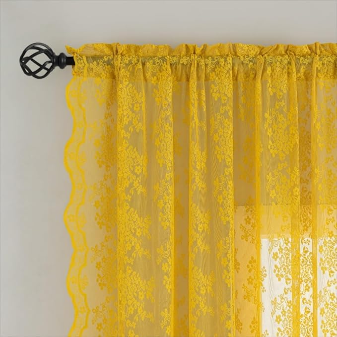 YJ YANJUN Vintage Lace Curtains 63 Inch Length-Victorian Floral Pattern Mustard - Image 3