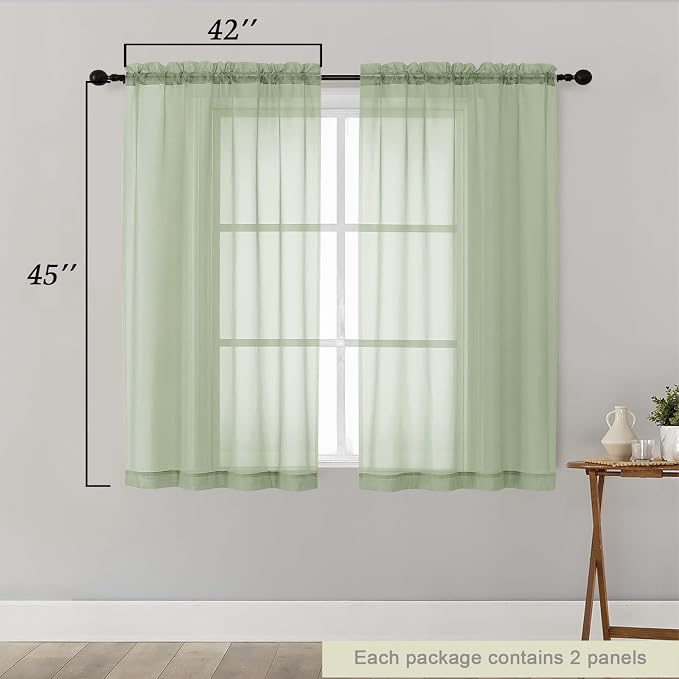 Light Green Sheer Curtains for Bedroom Living Room 45 Inch Length 2 Panels - Image 2