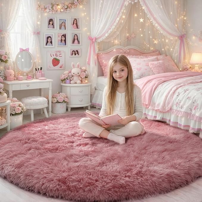 Blush Round Rug 6Ft for Bedroom, Fluffy Fuzzy Plush Circle Area Rugs for Baby by Amdrebio