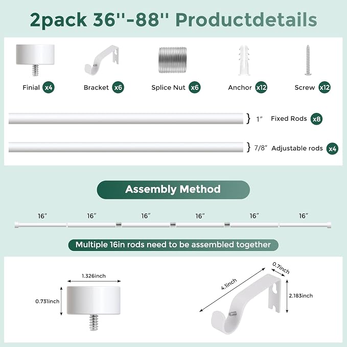 VOIIY 2 Pack Curtain Rods for Windows 48 to 84 Inch, Modern Adjustable Heavy - Image 8
