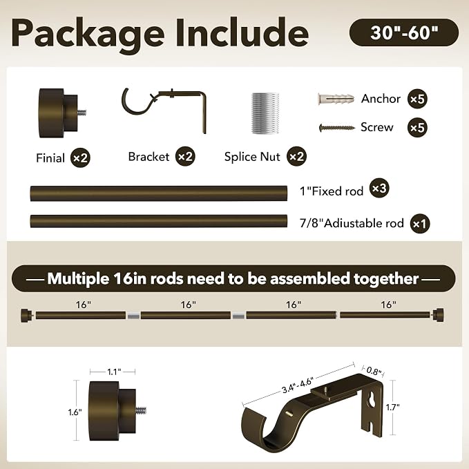 IFELS Heavy Duty Curtain Rods for Windows 28 to 48 Inch, 1 Inch Bronze Window - Image 7