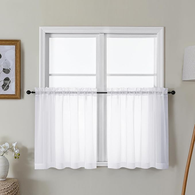 Gwine White Sheer Curtain Tiers 24 Inch Length, Light Filtering Voile Short by Gwine
