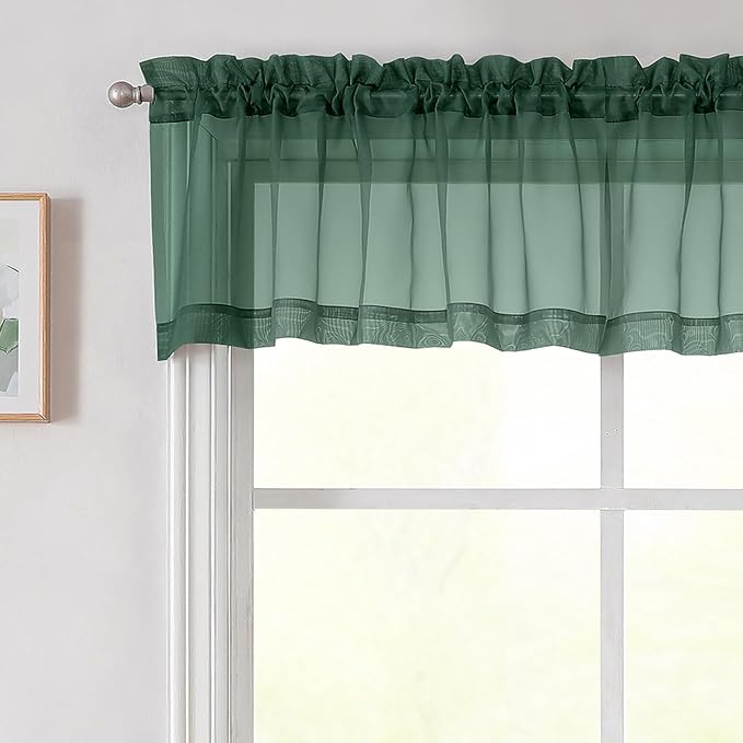 Hunter Green Valances for Windows, Sheer Curtains 14 Inch Length 2 Pack Kitchen by WelvetBLK