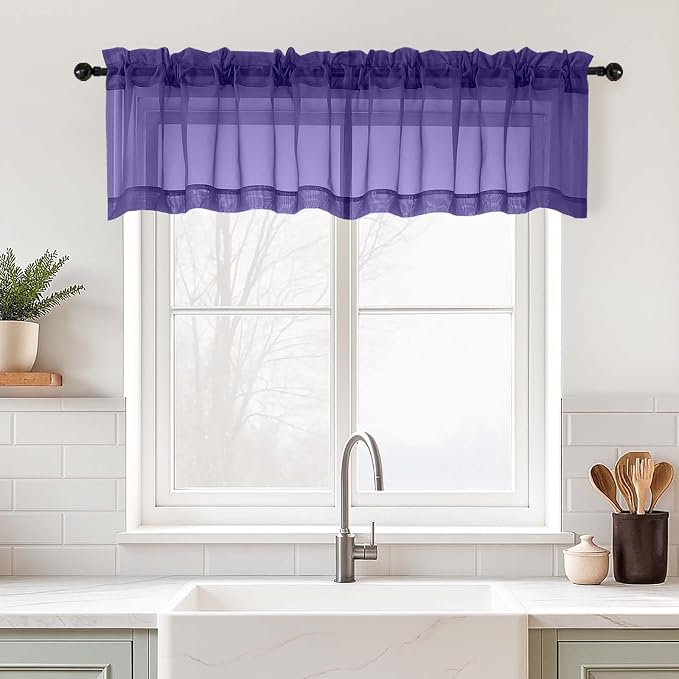Purple Valances for Windows 14 inch Length 2 Panels Set, Small Voile Sheer by Home