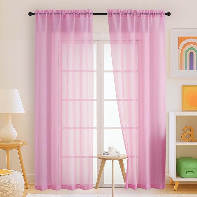 Light Pink Sheer Curtains 90 Inches Long 2 Panels, Light Filtering Solid Sheer by Home