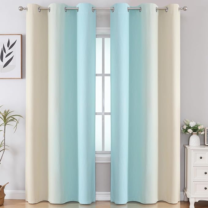 Estelar Textiler Aqua and Beige Room Darkening Blackout Curtains 84 Inch Length - Image 2