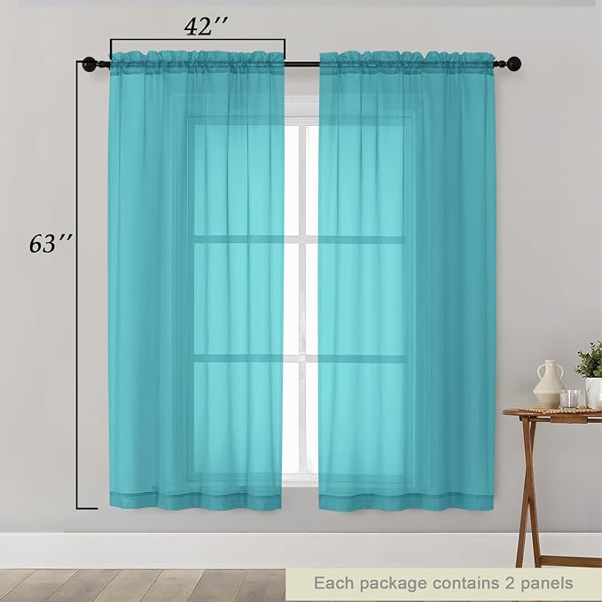 Sheer Turquoise Curtains for Bedroom Living Room 63 Inch Length 2 Panels - Image 2