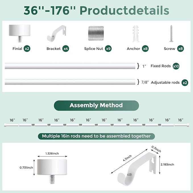 White Curtain Rods for Windows 36 to 176 Inch, Size:36-176 Inch - Image 8