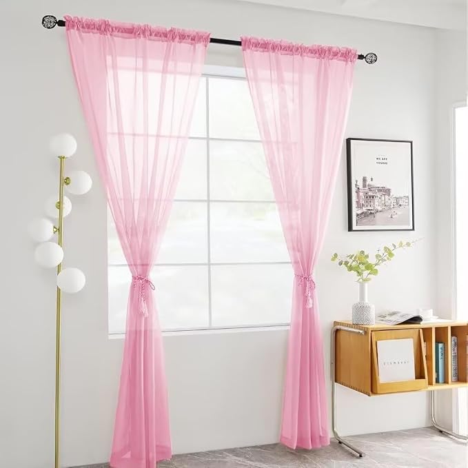 Youleyar Solid Sheer Rod Pocket Curtain Voile Draperies 2 Panels White Beige - Image 2