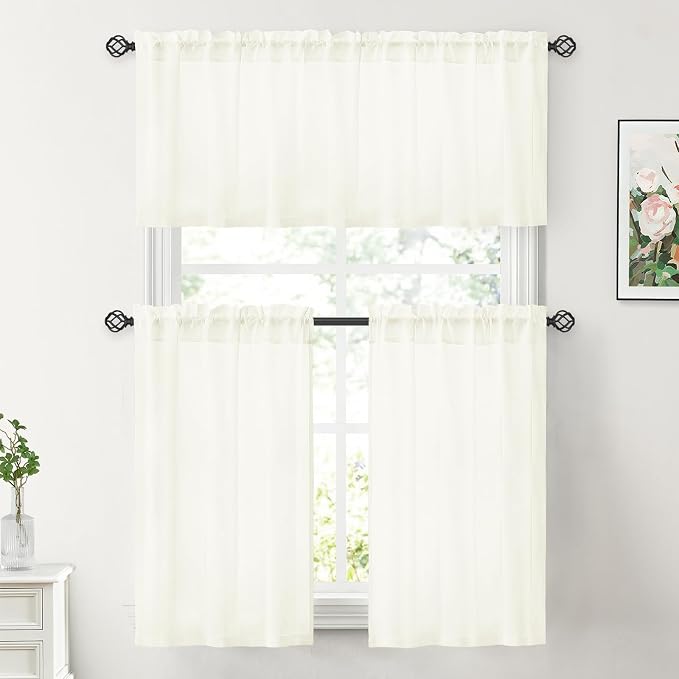 HOMEIDEAS Non-See-Through Ivory Privacy Sheer Kitchen Curtains, 30 X 36 Inches - Image 2