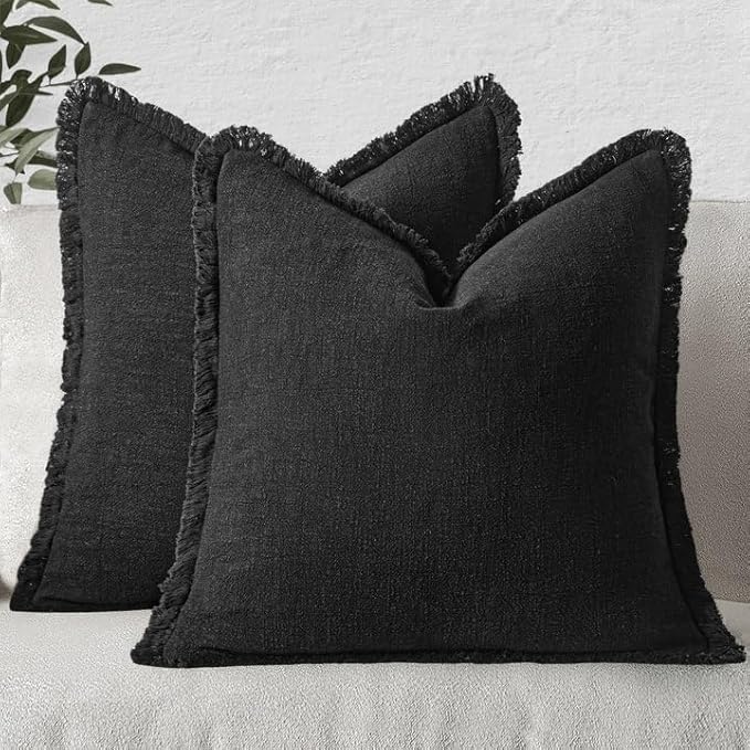 MIULEE Boho Linen Fringe Decorative Euro Throw Pillow Covers Black 22x22 | Set by MIULEE