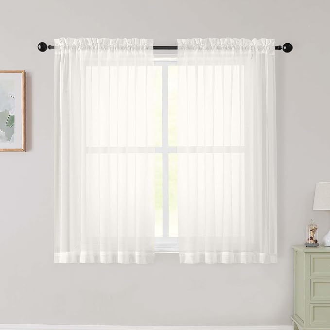 Ivory Sheer Curtains for Bedroom Living Room 45 Inch Length 2 Panels, Soft Airy by WelvetBLK