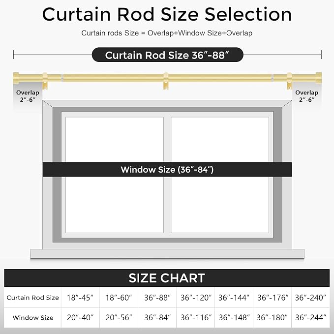 VOIIY Gold Curtain Rods for Windows, Size:36-88 Inch - Image 5