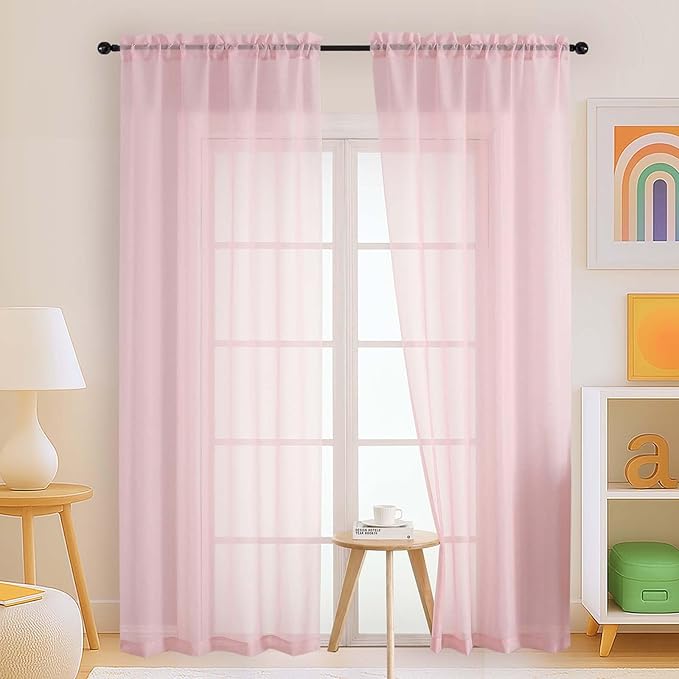 Blush Pink Sheer Curtains 90 Inches Long 2 Panels, Light Filtering Solid Sheer by Home