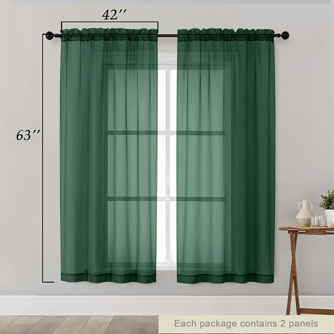 Sheer Hunter Green Curtains for Bedroom Living Room 63 Inch Length 2 Panels - Image 2