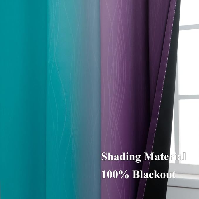 Teal and Purple Gradient Curtains 63 Inch Length 2 panels, Ombre and Wavy Line - Image 5