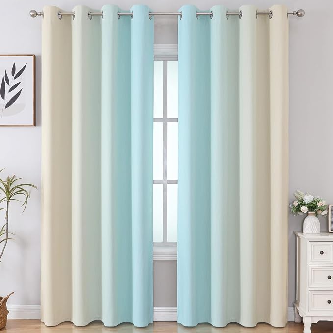 Estelar Textiler Aqua and Beige Gradient Blackout Curtains 84 Inches Long - Image 2