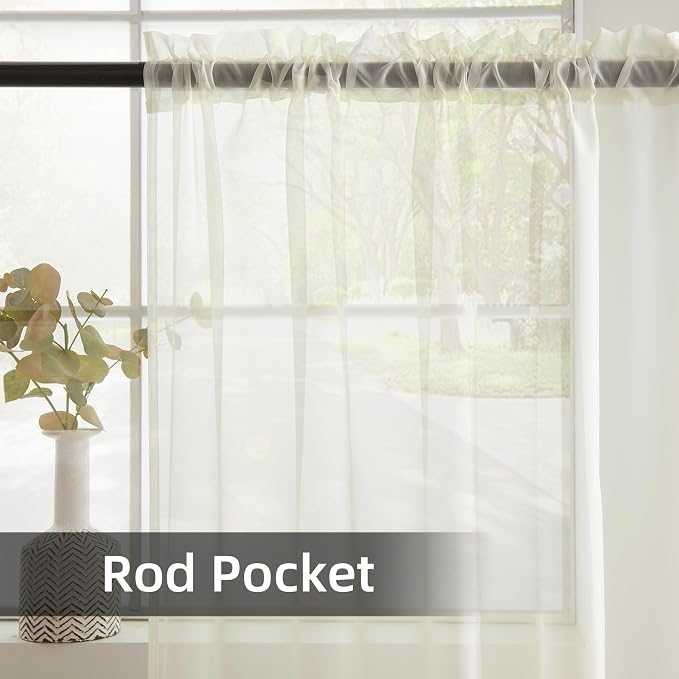 youleyar Solid Sheer Rod Pocket Curtain Voile Draperies 2 Panels White Beige - Image 4