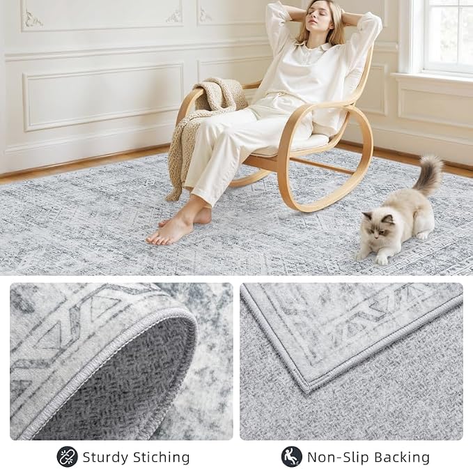 Washable Area Rugs 2x3: Neutral Living Room Bedroom Carpet Gray | Vintage Boho - Image 7