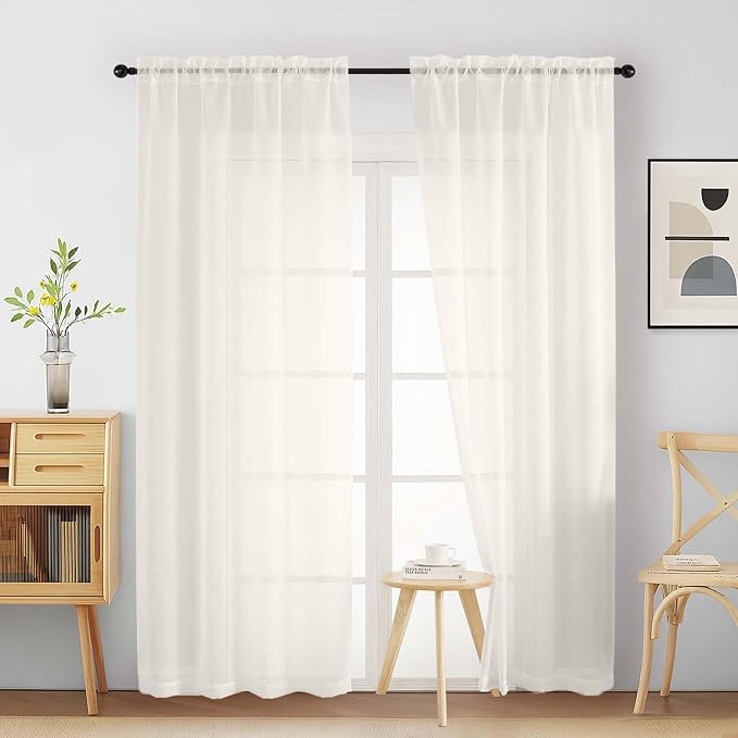 Ivory Sheer Curtains 84 Inches Long 2 Panels, Elegant Airy Transparent Light by Home