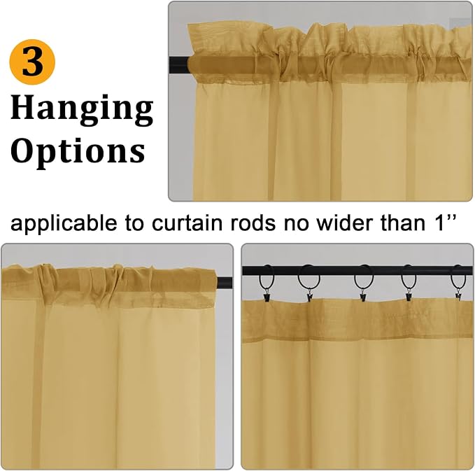 Gwine Gold Sheer Kitchen Curtains 36 Inch Length, Light Filtering Voile Soft - Image 4
