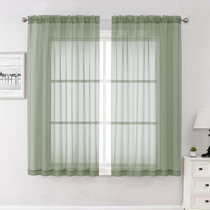 Lecloud Sage Green Sheer Curtains 63 Inch Length 2 Pcs, Dual Rod Pockets Light by Lecloud