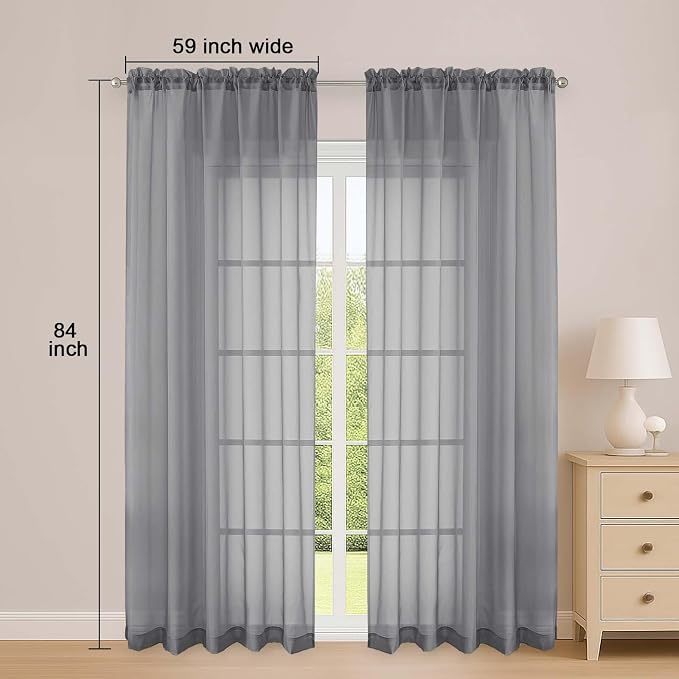OWENIE Sheer Curtains 84 Inches Long 2 Panels Set, Sheer Grey Curtains - Image 2
