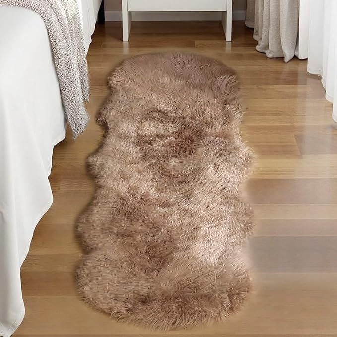 Goolela Faux Sheepskin Fur Runner Rug Light Brown Beige Fluffy Bedside Rug by Goolela