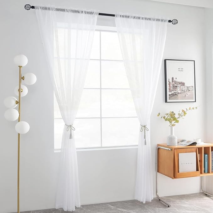 youleyar Solid Sheer Rod Pocket Curtain Voile Draperies 2 Panels White Beige - Image 2