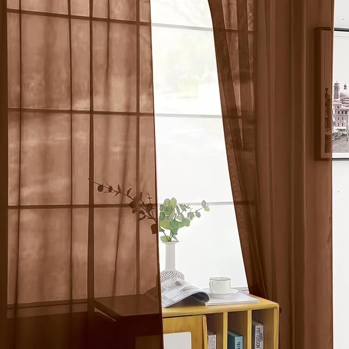 SpaceDresser Basic Rod Pocket Sheer Voile Window Curtain Panels Brown 1 Pair 2 - Image 3