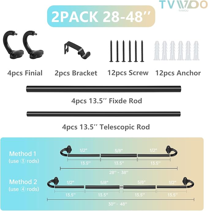 TVWOO 2 Pack Wrap Around Curtain Rods, 28 to 48 Inch, 5/8 Inch Adjustable - Image 8
