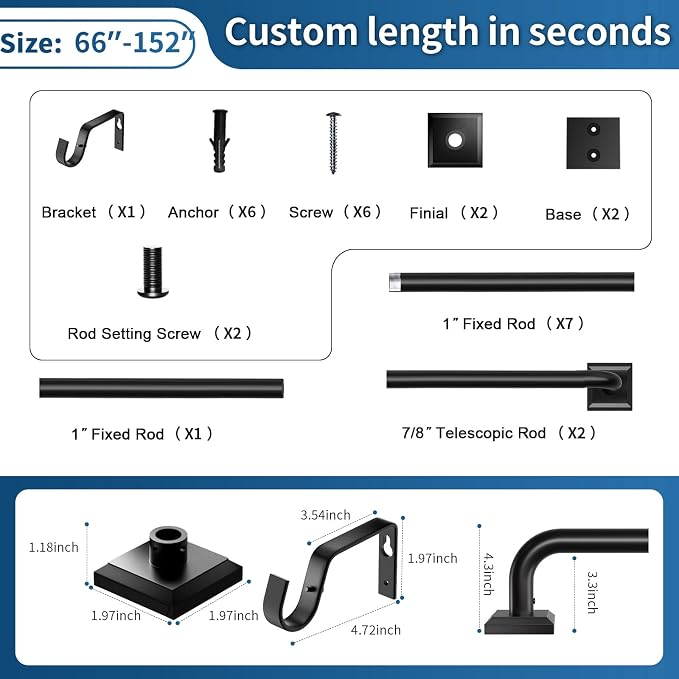 Black Curtain Rods for Windows 66-152Inch Heavy Duty Wrap Around Blackout - Image 8