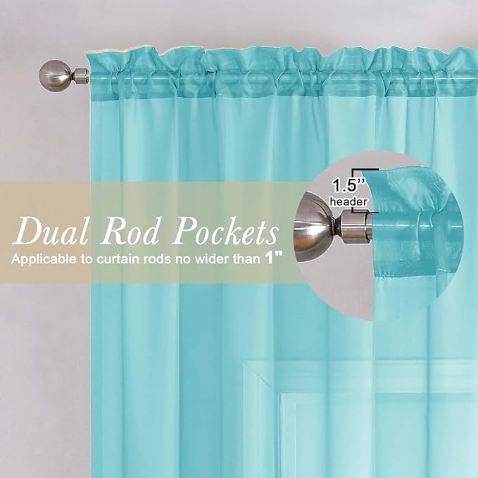 Lecloud Aqua Sheer Curtains for Bedroom 54 Inch Length 2 Pcs, Rod Pockets Solid - Image 5