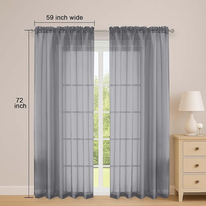 OWENIE Grey Sheer Curtains 72 Inches Long 2 Panels Set, Transparent Voile Sheer - Image 2