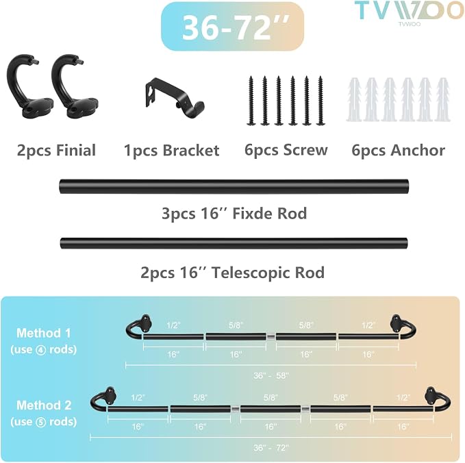 TVWOO Black Wrap Around Curtain Rods:5/8" Small Blackout Adjustable Window - Image 8