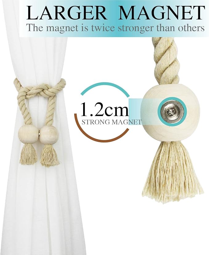 2 Pack Magnetic Curtain Tiebacks Cotton Hand Woven Tie Back Decorative Rope - Image 3