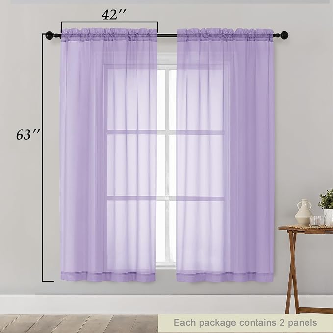 Sheer Lavender Curtains for Bedroom Living Room 63 Inch Length 2 Panels - Image 2