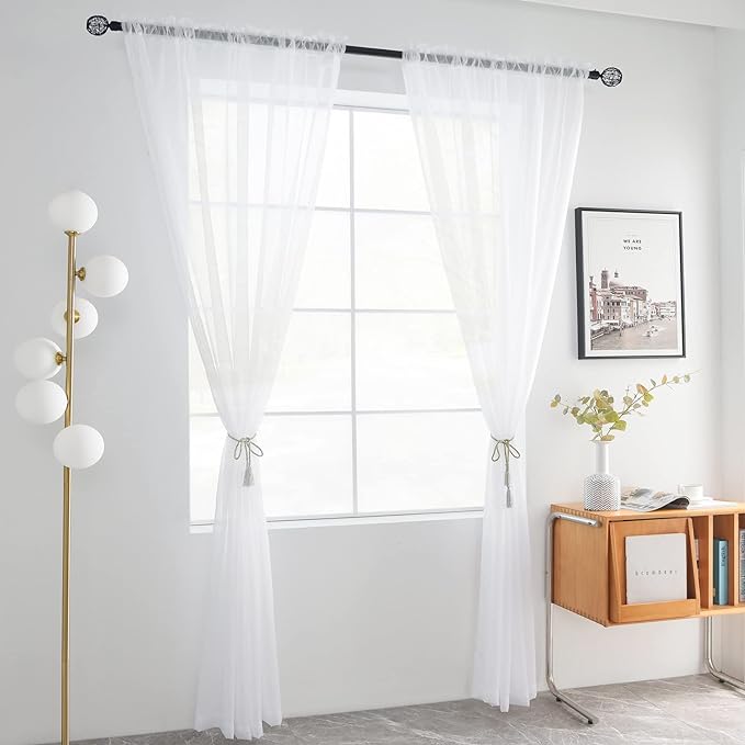 youleyar Solid Sheer Rod Pocket Curtain Voile Draperies 2 Panels White Beige - Image 2