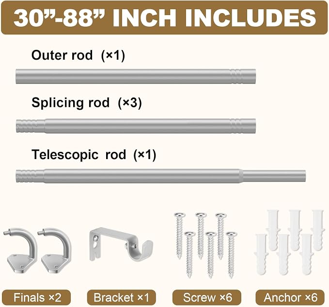 GXOACKJ Silver Curtain Rods for Windows 48 to 84 inch, 5/8 inch Adjustable Wrap - Image 5