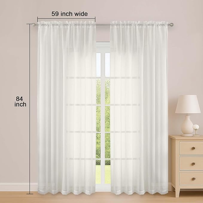 OWENIE Sheer Curtains 84 Inches Long 2 Panels Set, Ivory Sheer Curtain - Image 2