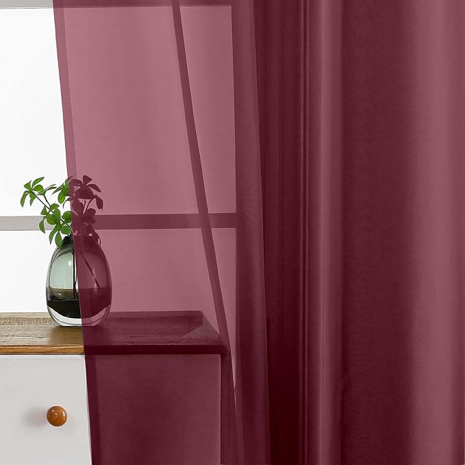 Burgundy Window Sheer Curtains 45 Inches Length, Voile Short Curtains - Image 5