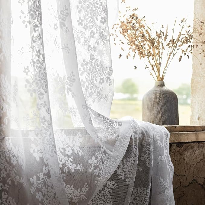 YJ YANJUN Vintage Lace Curtains Chic Floral White Short Sheer Bathroom Curtains - Image 4