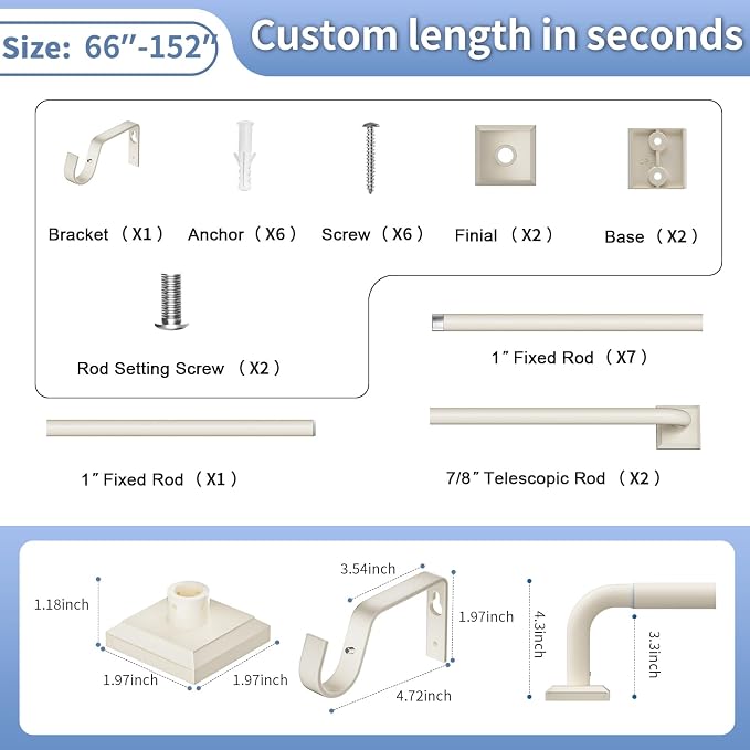 Beige White Curtain Rods for Windows 66-152Inch Heavy Duty Wrap Around Blackout - Image 8