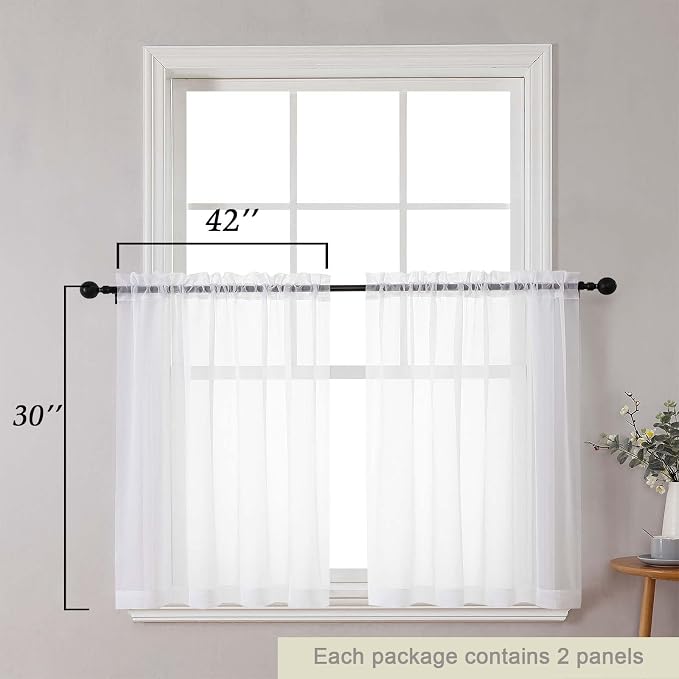 White Kitchen Curtains 30 Inch Length Tier 2 PCS, Solid Soft Airy Half Curtains - Image 2
