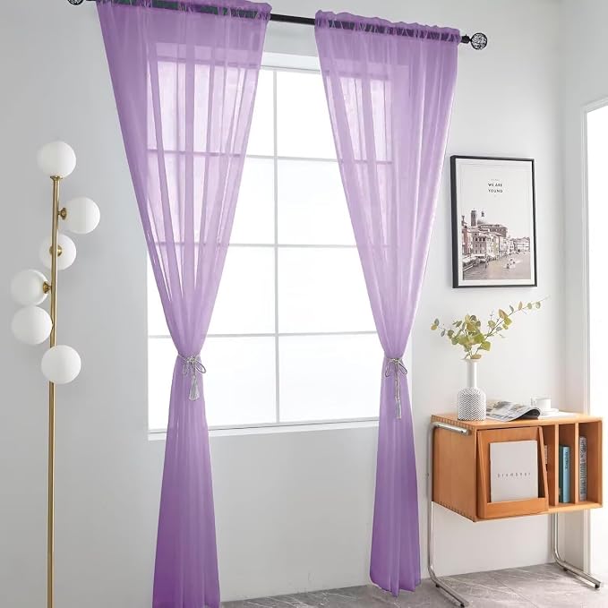 SpaceDresser Basic Rod Pocket Sheer Voile Window Curtain Panels Lavender 1 Pair - Image 2