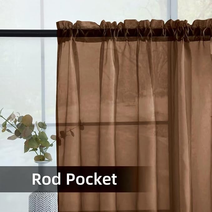 youleyar Solid Sheer Rod Pocket Curtain Voile Draperies 2 Panels White Beige - Image 3
