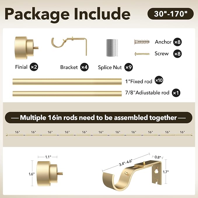 Extra Long Curtain Rods for Windows 32 to 170 Inch, 1 Inch Gold Heavy Duty - Image 3